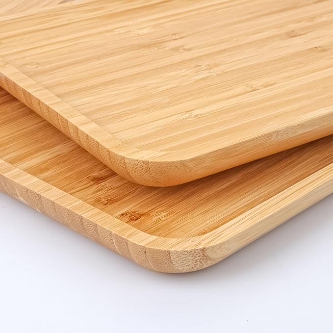 4 Pack 12 x 8 x 0.8 Inch Bamboo Serving Tray with Handles, Rectangular Wooden Breakfast Tray, Decorative Coffee Platter for Serving Food, Kitchen, Living Room, Picnic