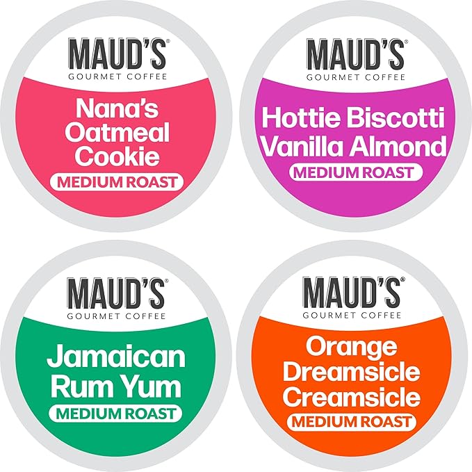 Maud’s Orange Creamsicle, Jamaican Rum Yum, Almost Biscotti & Oatmeal Cookie Flavored Coffee Pods Variety Pack, 72 ct, Medium Roast Single Serve Pods – 100% Arabica Coffee, Compatible with Keurig K Cups Maker by MAUDSCOFFEETEA