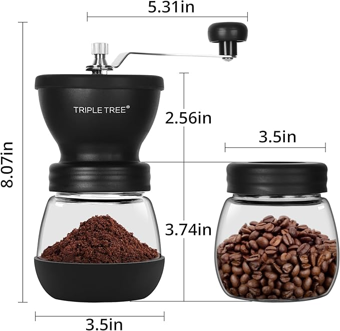 Manual Coffee Grinder with Ceramic Burrs and Lengthen Stainless Steel Handle, Hand Coffee Mill with 2 Glass Jars(11oz each), Brush and Tablespoon Scoop, Coffee Bean Grinder for Home, Camping, Black