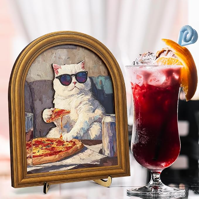 3D Funny Pizza Cat Wall Art Sign for Kitchen Decor, Cool Sunglasses Cat Portrait Decor, 8x10 Inch