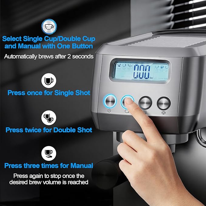 Espresso Machine 20 Bar, Compact Espresso Maker with Milk Frother, Stainless Steel Cappuccino & Latte Machine with LCD Screen, Adjustable Temperature, 44oz Water Tank for Home, Office