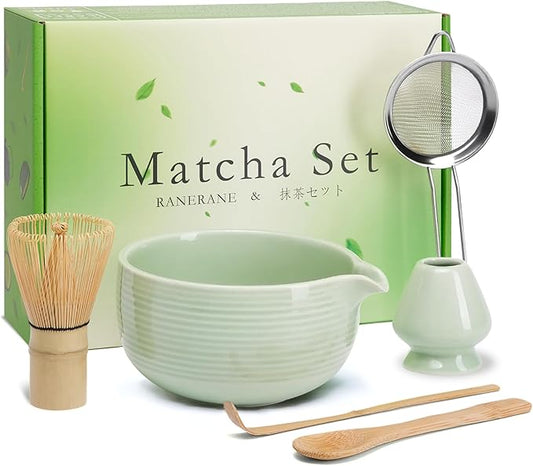 Matcha Whisk and Bowl with Ceramic Matcha Whisk Holder,Matcha Sifter, Matcha Spoon and Scoop Handmade from Natural Bamboo,Matcha Making Kit Cyan, Normal, ZYMC6Pcs01-Cyan