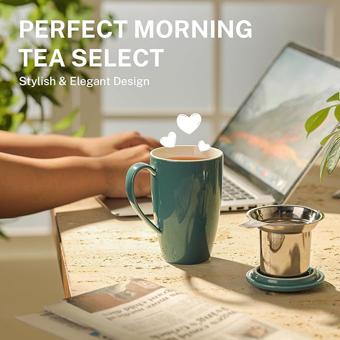 Sweese 15 OZ Porcelain Tea Mug with Infuser and Lid, Loose Leaf Tea Cup, Gifts for Tea Lover, Sage Green