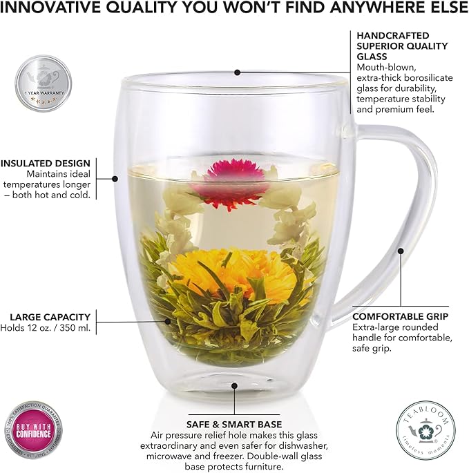 Teabloom Double Walled Mugs - 12 oz / 350 ml – Set of 4 Insulated Glass Mugs for Tea, Coffee, and More – Clear Bliss Collection