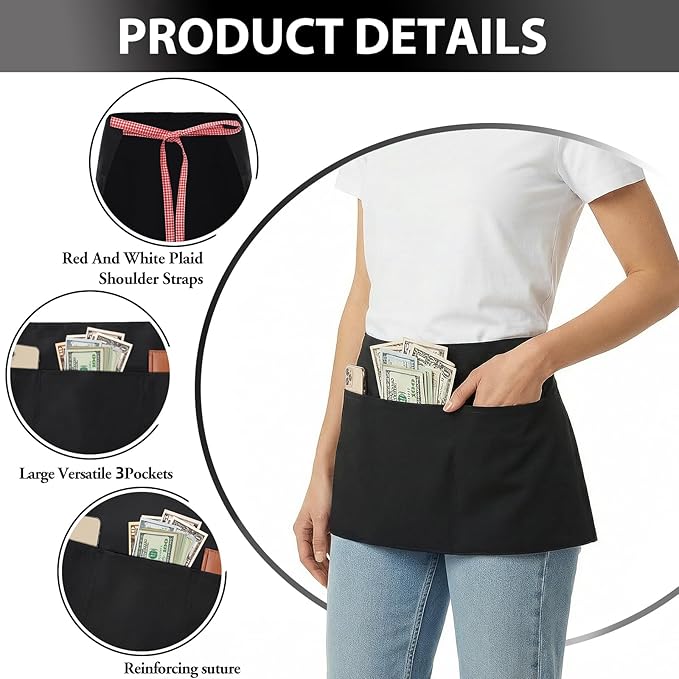 BOHARERS 3-Pocket Waist Apron With Red And White Plaid Shoulder Straps - Black Waitress Waiter Server Short Aprons