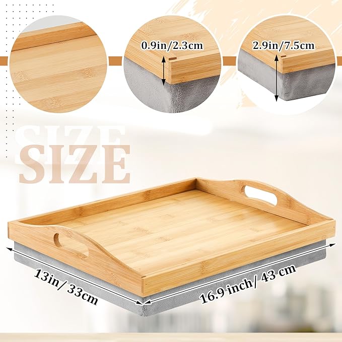 Tioncy 2 Pieces Bamboo Lap Tray with Detachable Pillow 16.9'' x 13'' Lap TV Trays Desk with Handles for Adults Eating in Recliner Breakfast Housewarming Gift (Wood)