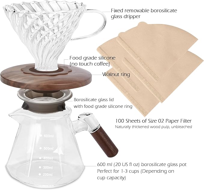 Pour Over Coffee Maker, 20 oz Borosilicate Glass Set with 100 pcs Paper Filter, Coffee Dripper with Walnut Collar, Coffee Pot with Glass Lid, 1-3 Cups, Clear, (600 ml)