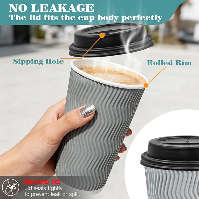 Ginkgo 100 Pack 16 oz Disposable Insulated Coffee Cups With Lids, Double-Walled Ripple To Go Paper Travel Cups for Hot Drinks - Gray