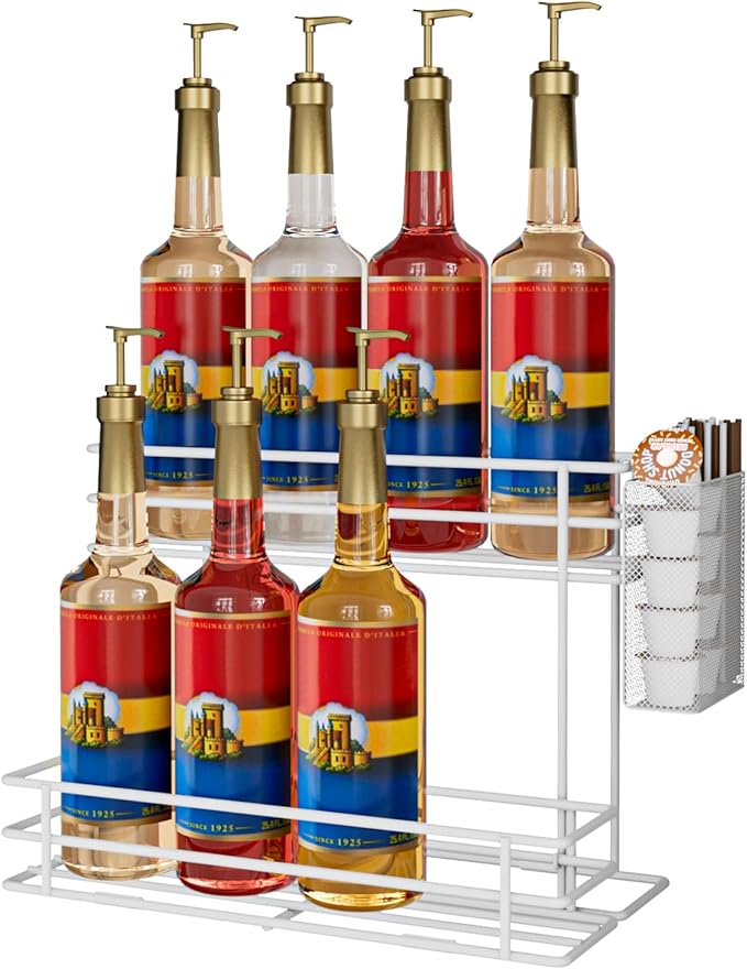 OVICAR Coffee Syrup Organizer Rack - 8 Bottle Holder Stand for Coffee Bar & Station Accessories, 2 Tiers Countertop Storage for Syrup & Wine Dressing, White