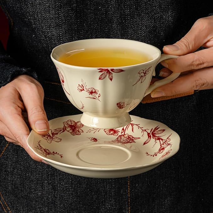 Vintage Porcelain Tea Cup and Saucer Set for 1, 8 oz Cappuccino Cup with Golden Spoon, Small Cream Red Floral Latte Art Cup, Happy Birthday Gifts