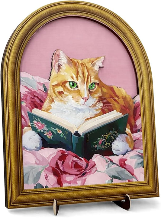 3D Pink Cute Cat Reading Table Decor Sign, Vintage Cat with Book Wall Art Sign for Home Bedroom Reading Room Desk Wall Shelf Decor 8x10 Inch