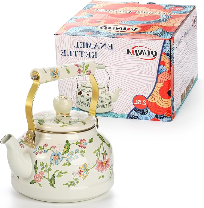 Jucoan 2.6 Quart Vintage Enamel Tea Kettle, Green Floral Stovetop Water Kettle Teapot with Porcelain Handle for Home Kitchen Camping Tea Party, Gift for Bridal Shower Wedding Housewarming