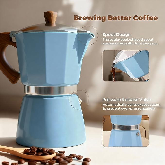 ShanSon Moka Pot Stovetop Espresso Maker 6 Cup 10 oz Italian Coffee Maker Manual Cuban Coffee Percolator Machine Italian Espresso Greca Coffee Maker for Cappuccino or Latte,Blue