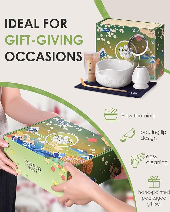 Matcha Whisk Set, Ceramic Matcha Bowl with Spout, Bamboo Whisk, Scoop, Sifter, Holder, Tea Towel - 6Pcs Matcha Kit Gift for Matcha Lovers Beginners (White)