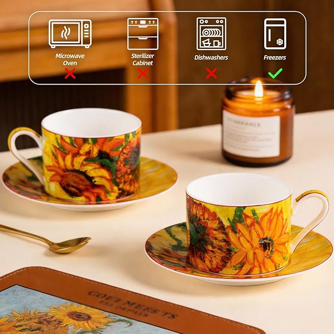 KAMMAK Tea Cups and Saucers Set of 2, Fine Bone China Coffee Cups, Stackable Espresso Mugs, Ceramic Demitasse for Coffee, Cappuccino, Latte, Americano, Tea, Large - Sunflower Oil Painting