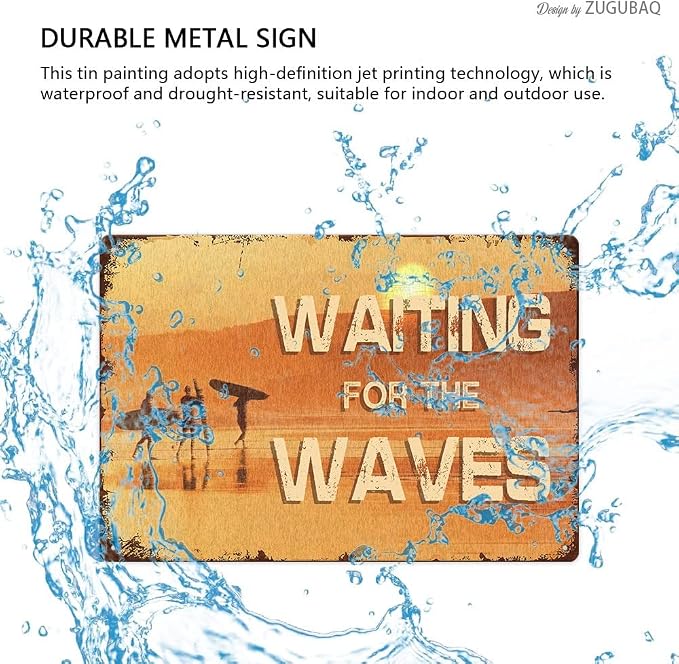 Vintage Tin Signs Wall Decor, Waiting For The Waves, Retro Metal Sign for Outdoor Indoor Home Beach Garden Tub Bar Farmhouse Cafe Gate Fence 8X12 Inch Decorations - Image 4