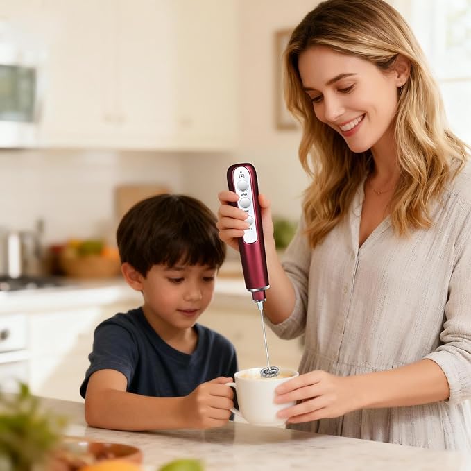 Milk Frother Wand Rechargeable Handheld Frother For Coffee,Batidora De Mano Electrica Coffee Bar Accessories Kitchen Appliances Essentials Electric Frother Gift For Women Men (Red)