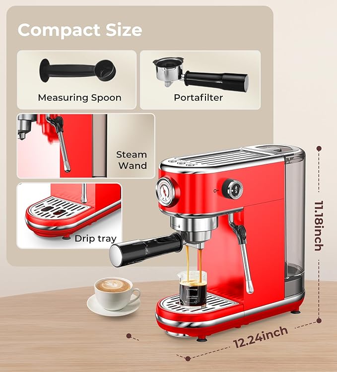 20 Bar Espresso Machine with Milk Frother, Compact Espresso Maker, Stainless Steel Coffee Machine with Precise Temp Control & 44oz Removable Water Tank for Latte, Cappuccino, Red
