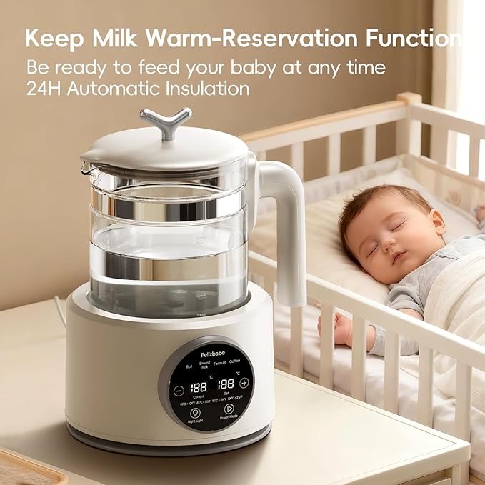 Baby Instant Warmer, Baby Milk Warmer Glass Electric Kettle Boiler with Night Light, Accurate Temperature Control for Formula, 1.2L Glass Water Warmer Breastmilk,Boil Coffee,Tea, 24H Insulation