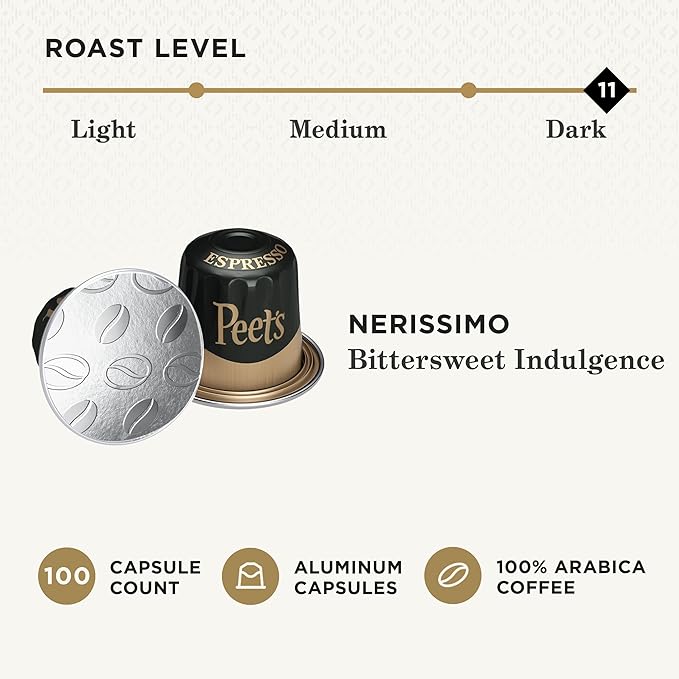 Peet's Coffee, Dark Roast Espresso Capsules, Compatible with Nespresso Original Machine - Nerissimo Intensity 11, 100 Count (10 Boxes of 10 Espresso Capsules) (Pack of 2)
