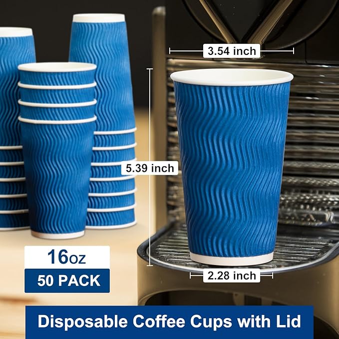 PARACITY Insulated Paper Disposable Coffee Cups, 16oz, 50 Pack with Lids, Ripple Double-Walled, for Beverages, Travel