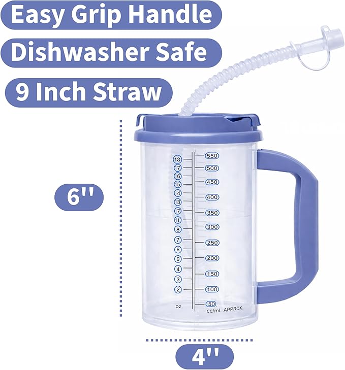 Vakly Hospital Carafe Insulated Double-Walled Water Tracking Bottle 18 oz – Refillable Hot & Cold Bottle with Flexible Straw and Pouring/Sipping Spout for Bedside or Patient Care