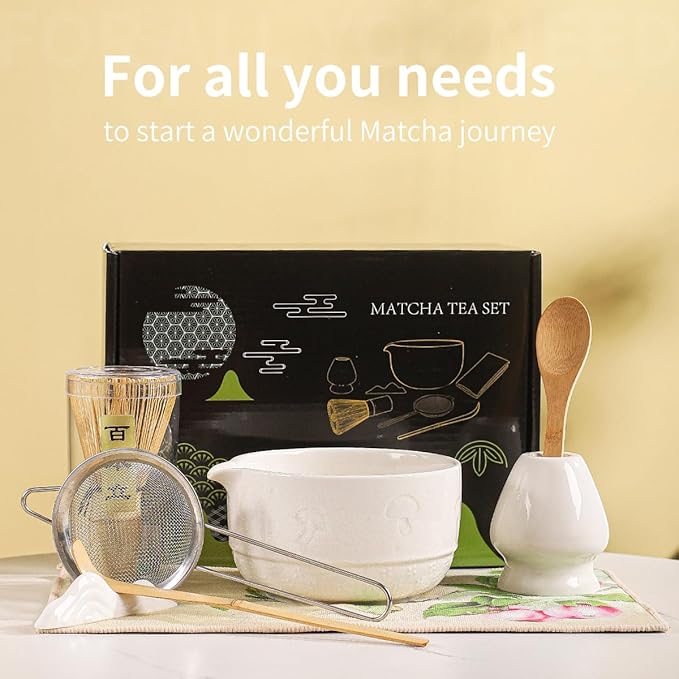 Matcha Set, 8-Piece Ceramic Matcha Bowl & Whisk Kit with Mushroom Pattern, Traditional Japanese Chawan, Bamboo Chasen, Scoop & Sifter, Gift for Tea Lovers, Zen Tea Ceremony Accessories (white)