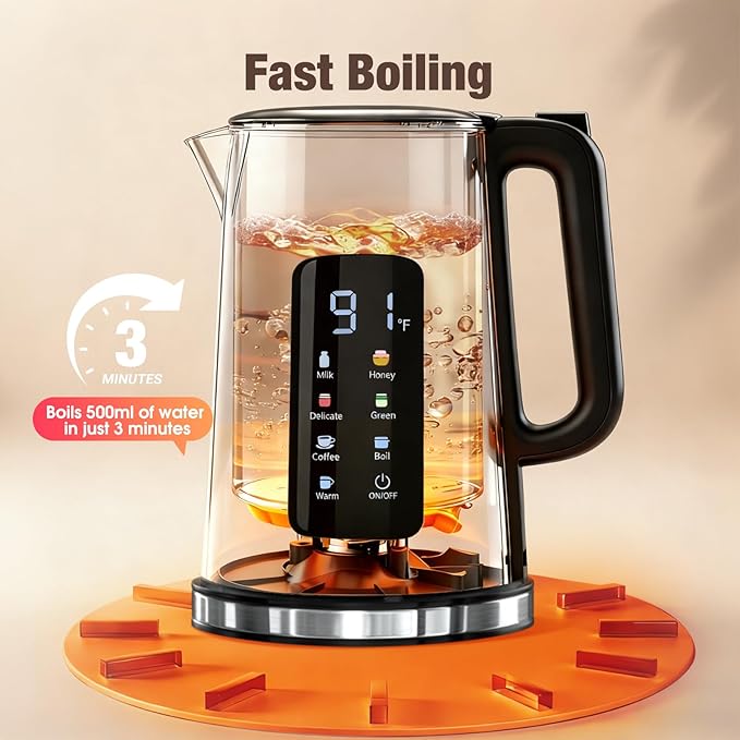 1.7L Electric Kettle, Touch Screen Water Boiler, Auto Shut Off, Double Wall, 6 Preset Temperatures, Fast Boil, and STRIX Control