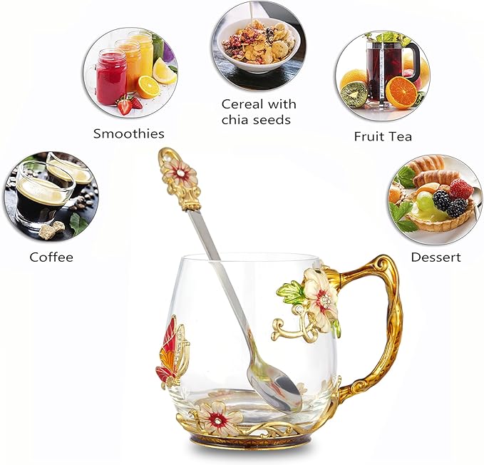 Flower Tea Cup,Clear Glass Fancy Coffee Mug with Spoon,Gift Box for Her Mom Wife Grandma Girls Friends Valentines Christmas Birthday Present Idea for Juice Milk Hot And Cold Drinks Use
