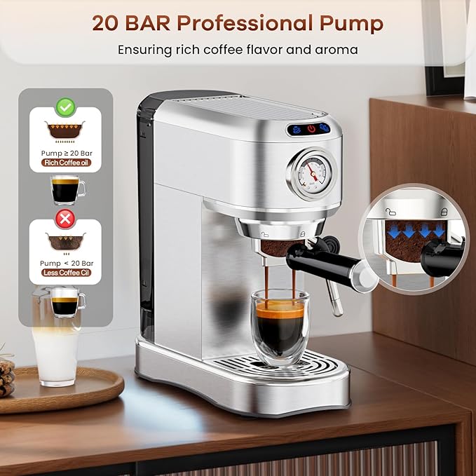 Espresso Machine, 20 Bar Compact Espresso Maker with Steam Milk Frother, Stainless Steel Expresso Machines for Home, 34oz Removable Water Tank for Latte, Cappuccino, Silver