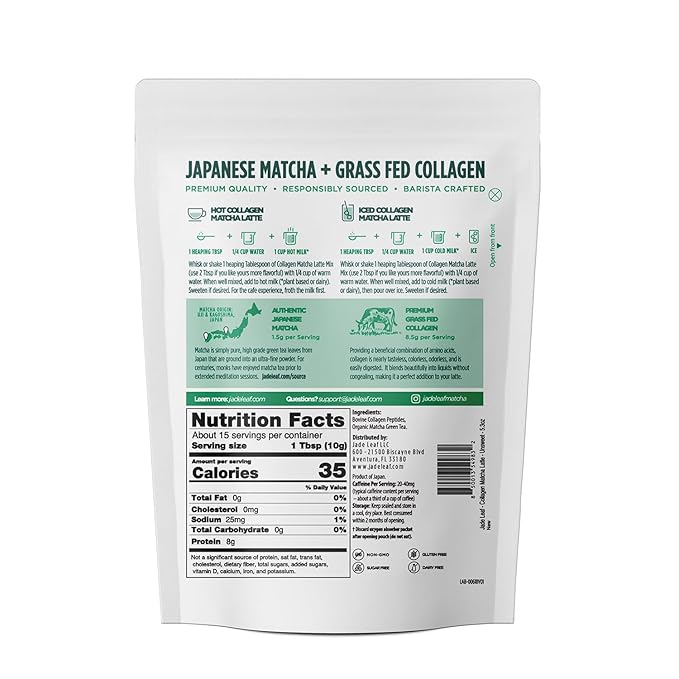 Jade Leaf Matcha Latte Powder with Grass Fed Bovine Collagen - Sugar Free, Sweetener Free - Made with Organic Japanese Matcha Powder for Café Style Blend, 5.3 Ounce / 150g (Pack of 1)