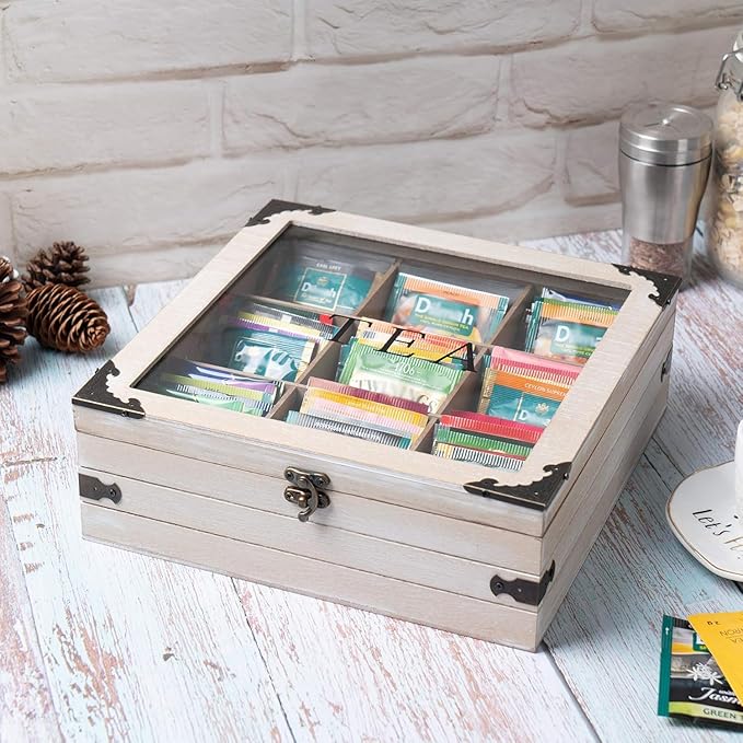 Tea Box Organizer - 9 Compartment Rustic Storage Box, Holder for Tea Bags, Coffee Pods, Instant Coffee Packets, Creamers, Sugar (Gray)