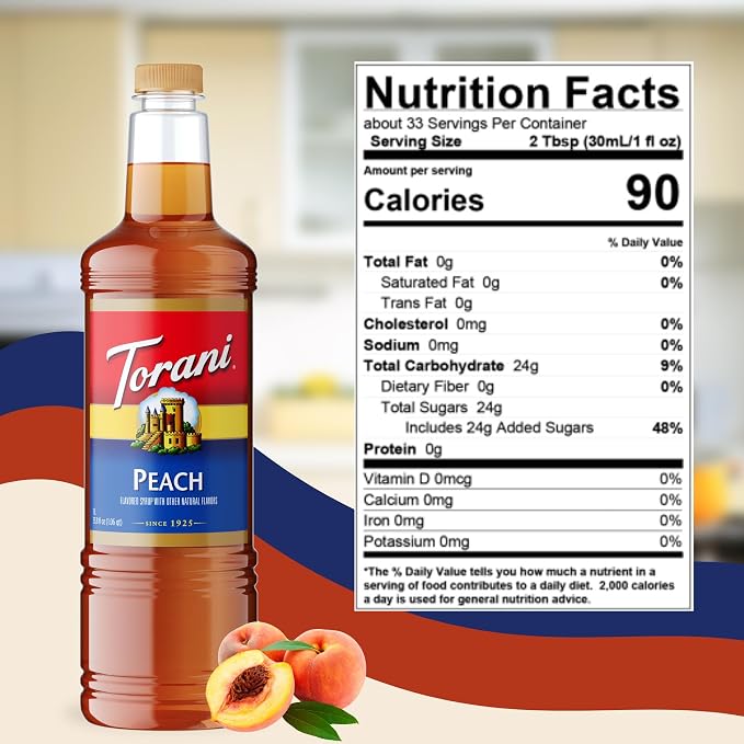 Torani Peach Syrup 1 Liter Bottle with Pump – Premium Drink Flavoring Made with Pure Cane Sugar & Natural Flavors for Lemonades, Teas, Cocktails, Mocktails & Desserts – Sweet Juicy Peach Sweetener - Image 2