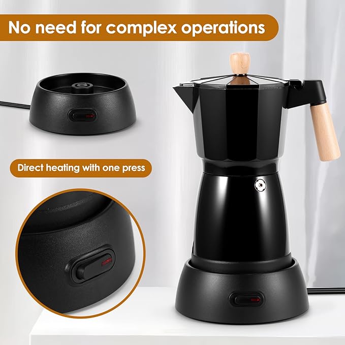Electric Espresso Coffee Maker, 6 Cup Coffee Pot with Detachable Base Portable Aluminum Italian Moka Maker Electric Moka Pot for Home Cafe Outdoor Office