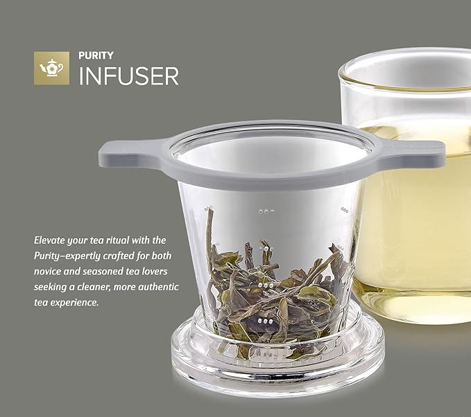 Teabloom Patent-Pending Purity Glass Tea Infuser with Lid – 3.3 Borosilicate, Laser-Perforated Filter, Universal Fit for Cups & Teapots, Toxin-Free Brewing for Whole-Leaf Tea