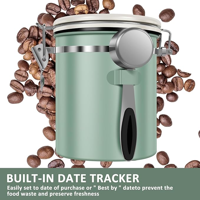 4PCS Coffee Storage Canister 1.5L 51OZ Double Airtight Coffee Beans Container with Date Locator 304 Stainless Steel Kitchen Food Storage Container with Spoon For Coffee Beans Grounds Tea Sugar