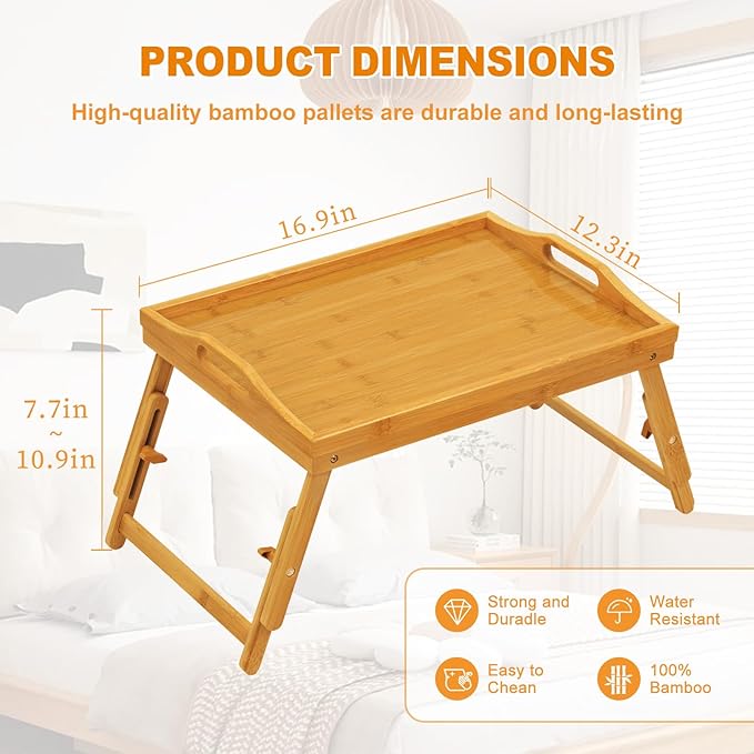 Bed Tray Table Set of 2, Bamboo Breakfast Trays with Folding Legs and Handles, Snack and Eating Lap Table, Natural Wood Color Serving Tray for Kitchen, Sofa or Bed Use