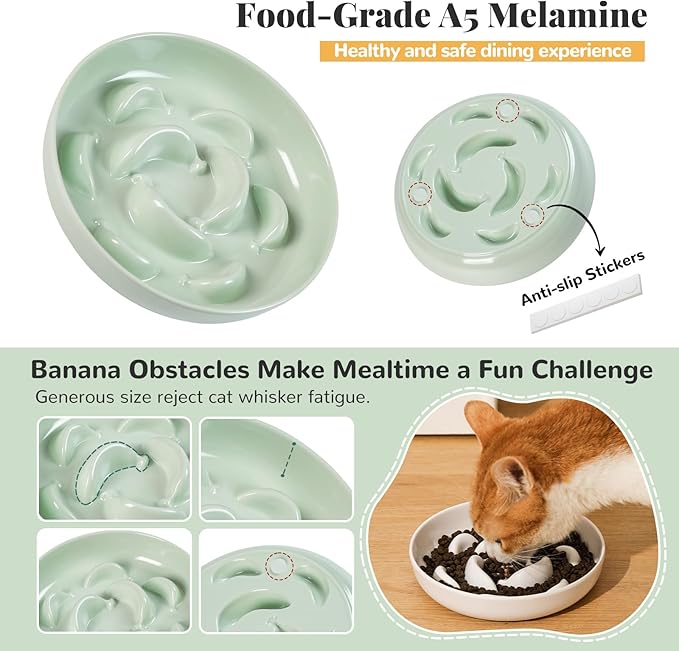 Slow Feeder Cat Bowl Set - White Melamine Maze Dish in 2 Styles (Single Bowl & with Bamboo Stand) - Whisker-Friendly, Shallow, Elevated Combo