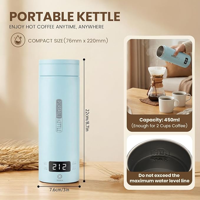 Portable Electric Kettle for Travel, Small Hot Water Kettle with NTC Temperature Control and Auto Shut-Off, 316 Stainless Steel, Blue 110V & 15oz