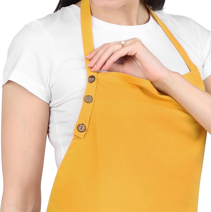 Kitchen Apron Cotton Waterdrop Resistant with adjustable Aprons for Women with Pockets 9 Color option Cooking (Mustard color) - Image 2