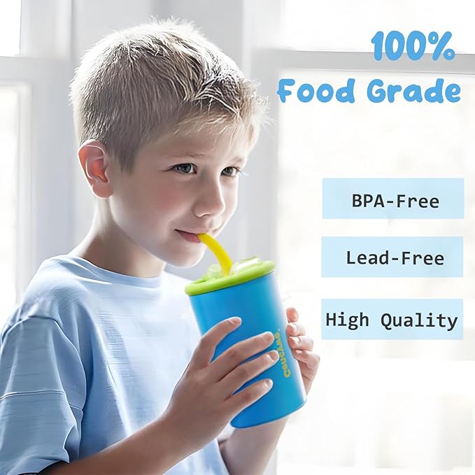 2 PACK Kids Double Walled Stainless Steel Cups with Straws and lids | 12 oz Spill-Proof Sippy Smoothie Tumbler Set, Small Kids Snack & Drink Water Cups, BPA-Free (Age: 3+ years old & up)