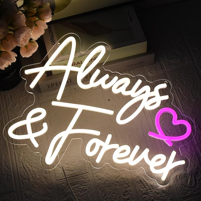Always Forever Neon Sign Warm White Neon Light Sign, Letters Wedding Led Neon Signs for Wall Decor, Dimmable with USB Powered for Bedroom Propose Anniversary Christmas Gifts