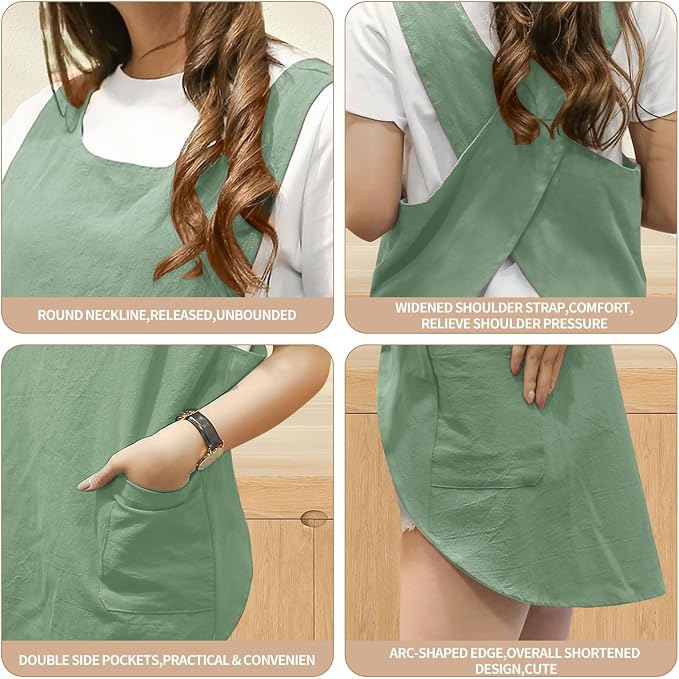 Shortened Design Apron, Japanese Style Soft Cotton Linen Apron with Two Side Pockets, X Cross Halter Aprons, Kitchen Cooking Clothes Gift for Women DIY Project, Crafting, Cooking, Baking(Mint Green) - Image 7