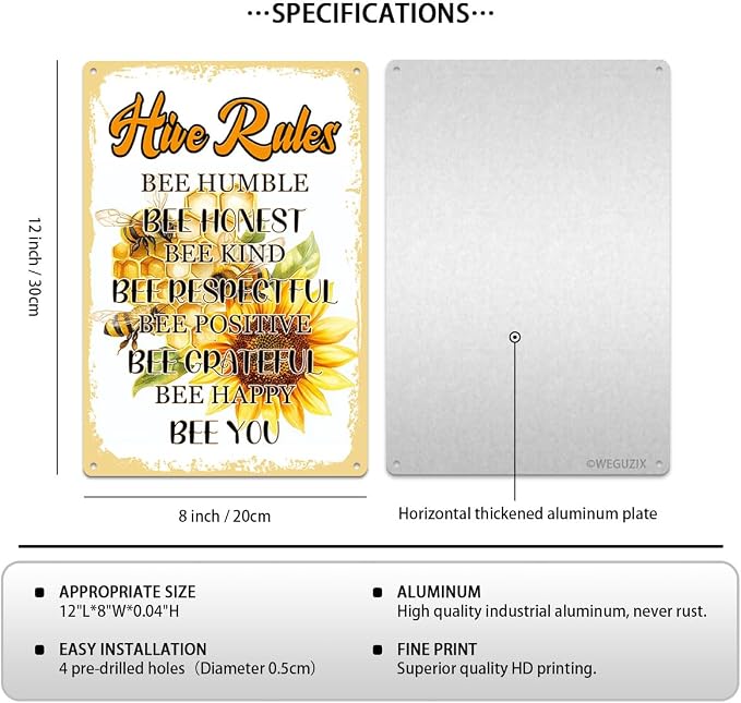 Bee Hive Rules Sign Bee Humble Honest Kind Respectful Positive Grateful Happy Print Poster Wall Decor Vintage Garden Metal Signs Home Bar Kitchen Cafe 12x8 Inch Aluminium Hanging Plaque - Image 2