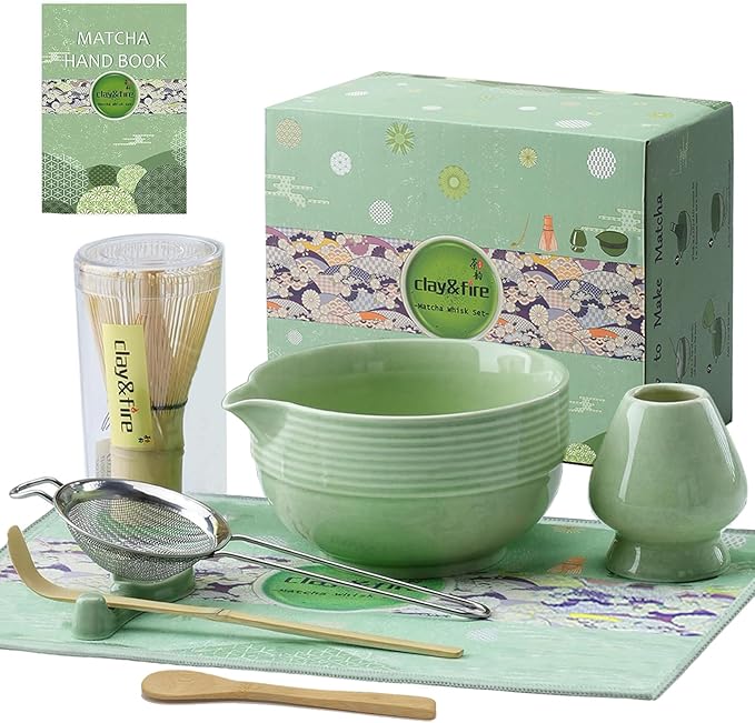 Clay&Fire Matcha Whisk Set, Ceramic Matcha Set, Matcha Bowl with Spout and Whisk, 9 pcs Matcha Tea Kit for Matcha Lovers, Ideal Gift Christmas, Birthday (Green)