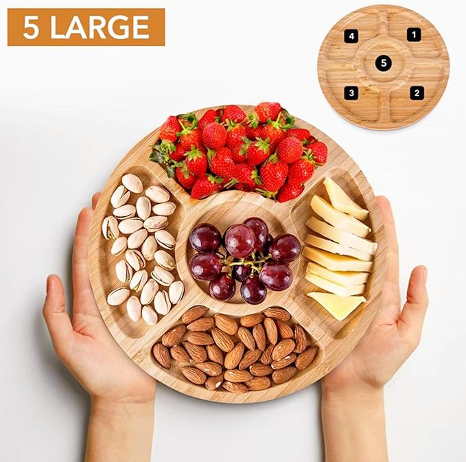 Divided Serving Dish Tray,7.9 in Round Bamboo Serving Trays,Wooden Candy Platters with 5 Compartments,Lazy Snack Trays for Home Decor,Parties, Events (1Pcs)