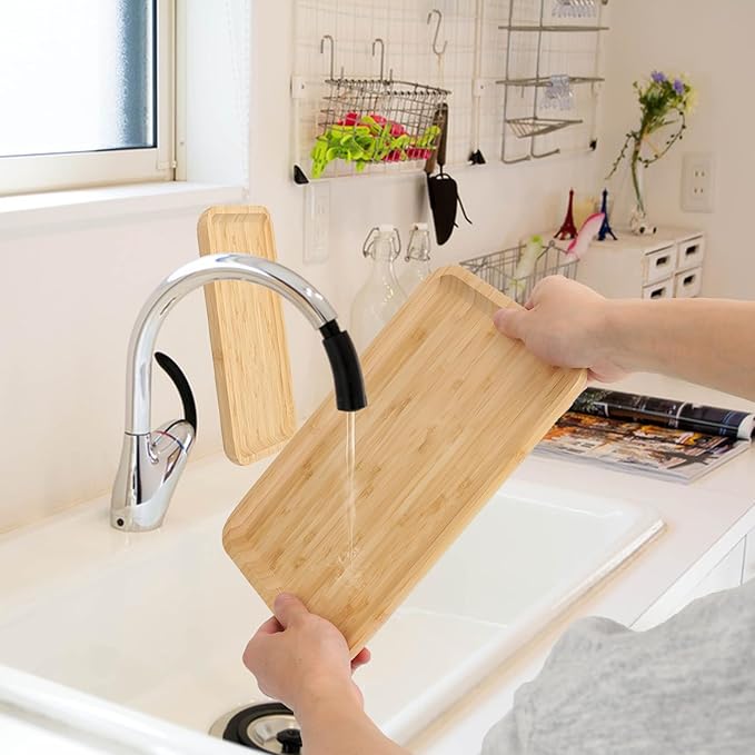 4 Pack 12 x 8 x 0.8 Inch Bamboo Serving Tray with Handles, Rectangular Wooden Breakfast Tray, Decorative Coffee Platter for Serving Food, Kitchen, Living Room, Picnic