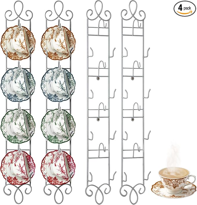 Blulu 4 Pcs Wall Mounted Tea Cup & Saucer Display Rack, 4-tier Metal Mug Holder with Plate Hangers, Decorative Wall Storage for Kitchen, Gift&Coffee Bar Display, 36'' x 5'' (White)