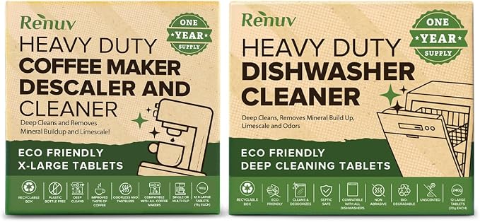 Renuv® Coffee Maker Cleaner + Dishwasher Cleaner Bundle - Heavy Duty Kitchen Appliance Deep Cleaning and Descaling, (12 Tablets of each) by Renuv