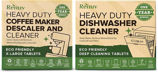 Renuv® Coffee Maker Cleaner + Dishwasher Cleaner Bundle - Heavy Duty Kitchen Appliance Deep Cleaning and Descaling, (12 Tablets of each) by Renuv